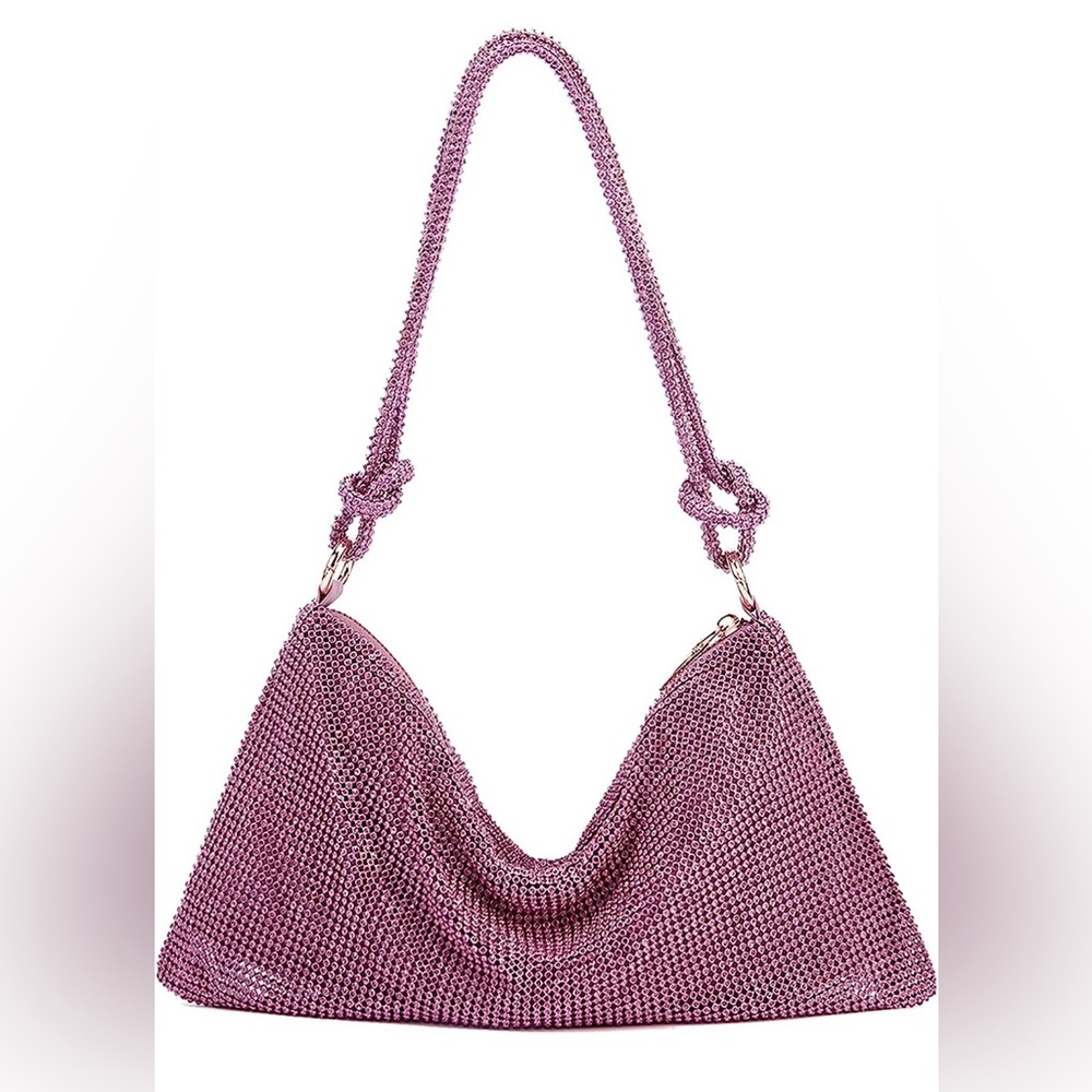 Pink-Purple Rhinestone Hobo Style Bag with Gold Hardware
